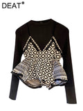 Fashion Women's Sweater Round Neck Patchwork Plaid Ruffles Fake 2 Pcs Long Sleeve Knitted Pullovers Autumn 2023 New