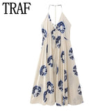 2023 Print Backless Dress Woman Ruched Halter Long Dress Women Off Shoulder Midi Summer Dresses Sexy Beach Party
