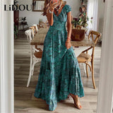 Summer New Vintage Floral Print Robe Bohemian Long Dress Women's Casual Fashion Beach Holiday Maxi Dresses Elegant