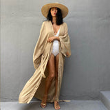 Casual Solid Long Sleeve Self Belted Kimono Dress Plus Size Women Casual Elastic Waist Long Loose Slit Beach Dress