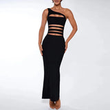 Black One Shoulder Slit Design Maxi Dress- Outfit