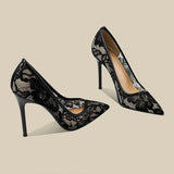 Yarn High-Heeled Women 2025 New Summer Niche Temperament Black Lace Fine Tip Single Shoes