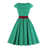 Femme 50s Vinage Pin Up Tunic Dresses White Green Polka Dot Patchwork Full Circle Cotton Casual Housewife Tea Dress