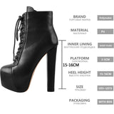 Onlymaker Women's Platform Round Toe Short Booties Block Chunky High Heel Lace Up Black Thick Plus Size Party Dress Ankle