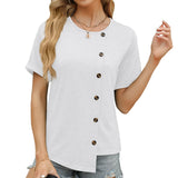 Zingj 2024 New Round Collar Button Irregular Splicing Loose T-Shirt Women-Outfit
