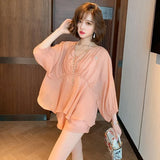 Spring Summer Casual Solid Set Female Long Sleeve V-neck Shirt and High Waist Shorts 2 Pcs Set Lady Vintage Suit