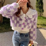 Zingj Purple Ins2024 New Checkerboard Milk Sweet Gentle Wind Reduced Age Girl Short Doll Collar Sweater Coat-Outfit