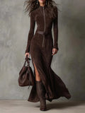 New Retro Modern Collar Zipper High Open Forked Waist Temperament Famous Style