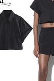 Black Crop Top Women Short Sleeve Cropped Shirt Woman Fashion Loose Summer Blouses For Women 2023 Collared Button Up