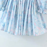 Fashion Women Blue Print Holiday Princess Party Dress Elegant Ladies Puff Sleeve Square Neck Pleat Mini Dress Short