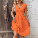 New Lotus Leaf Sleeve Elegant Thin V-Neck Women's Fashion Fashion Hollow Dress Dress