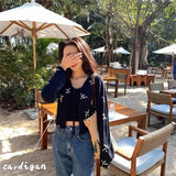 Women Korean Fashion Tops Flower Print Knitted Cardigan Suit Sweet Embroidery Vintage Sweater Beach Long Sleeve