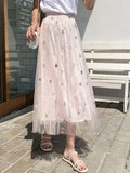 Skirt Women Vintage Embroidery Elastic High Waist A-Line Mesh Pleated Skirt Female Midi