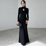 Winter Women's New Fashion Temperament High-Collar Emptiness Folding Solid Color Long-Sleeved Dress