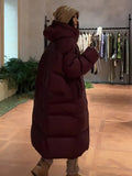 Korean Version Of Big Quilt Down Jacket Female Long Style 2024 Winter New Thickened Ribbon Hood Extremely Cold Warm Coat Plus Size-Outfit