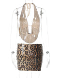 Leopard Print Sequin Backless Halter Top and Mini Skirt Two Piece Set- Outfit