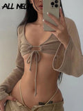 90s Aesthetics Sexy Ruched Bandage Ribbed Crop Tops Vintage Y2K Streetwear Hollow Out Flare Sleeve Khaki T-shirts