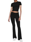 Short Sleeve Cropped Top Fold-over Flare Pants Set- Outfit
