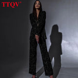 Fashion Black Glitter Women Two Piece Outfits 2022 Elegant Loose Long Sleeve Tops And High Waisted Trousers Female