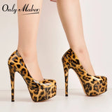 Onlymaker Women's Platform 16CM Thin Heels Pumps Fashion Leopard Round Toe Shoes Sexy Party wedding Stiletto Plus Size