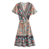 Queens Women Floral Print V-neck Rayon Cotton Vacation Bohemian Mini Dress Ladies Short Sleeve Boho Dresses