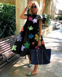 Oversized Patchwork Dress Women's Elegant O-Neck Ruffle Sleeve Midi Dresses Summer Female A Line Ruffled Sundress