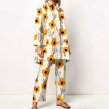 Turn Down Collar Blouse + Wide Leg Pants Outfits Women Autumn Long Sleeve Tee Suit Elegant Floral Printed Two Piece