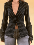 Lace Paneled Long Sleeve Striped Blouse- Outfit