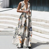 Summer Autumn Long Dress Fashion Retro Floral Print Sleeveless Holiday Dress Sexy Women Deep V Neck Elegant Party