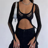 Hollow Out Black Sexy T Shirts Fashion Autumn Summer Long Sleeve Crop Tops Women Party 2022 Backless Y2k