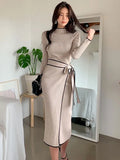 Version Of Temperament To Wear Long-Term Knitted Dress With Waist Knitted Dress Women's Clothing Early Autumn New Sweater