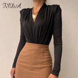 V Neck Long Sleeve T Shirt Women Brown Elegant Autumn Winter Sexy Top Shirts Casual Black 2021 Party With Shoulder