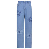 Floral Patchwork Casual Vintage Jeans Women High Waist Denim Pants Capris Fashion Elegant Trousers Ladies Summer