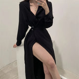 Women Single Breasted Midi Lace Up Slim Solid Shirt Dress Long Sleeve Elegant Vestidos