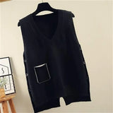 women's new Korean style sleeveless V-neck knitted waistcoat loose pocket color-blocking pullover