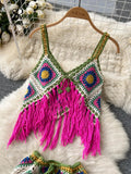 Fashion Tassel Knitted Beach Two Pieces Suits Retro Loose Top+Short Sexy Skirt Sets Women Hollow Out Vintage