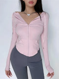 Autumn Thin Long Sleeve Tops Slim Skinny Short Zipper Hooded Cardigan Sweatshirt Workout Korean Women