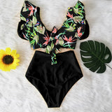 Ruffled Hem Bikini Set Women Flora V-Neck High-Waisted Two Piece Swimsuit 2023 Girl Beach Bathing Suit Swimwear