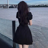 Women's Sweet Dress Square Neck Puff Short Sleeve Slim Sweet Fashion Versatile Dress Korean Version Solid