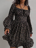 Women Summer Floral Print Dress Fashion Square Collar Party Ruffle Dress Casual Female A-Line Dress Vestido Spring Long