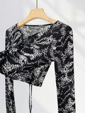 Zingj Black Print Drawcord V-Neck Long-Sleeve T-Shirt For A Summer Spice Girl Is Chic With A
