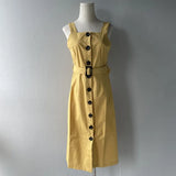 Green Cotton Mini Dress Summer for Woman Front Buttons Camisole Dress Split Square Collar Belt robe