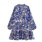 Single-Dlong Short Dress 2025 Spring/Summer V-Neck Print Long-Sleeved Loose