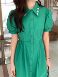 Kitty Elegant Lapel Flowers Women Dress Close Waist Summer Slim Stylish All Match Office Lady High Street Short