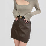 Pu Leather Skirts For Women Sexy Korean Fashion High Waisted Stretchy Mini Short Skirt Faux Leather Dark Brown Female