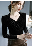 TShirt Women Full Sleeve Vintage Crossed V Neck Tee Shirts Lady Stretchy Soft Fashion Base Tops T-shirts For