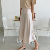 Spring Women Elegant High Waist Satin Skirt Female Casual A-Line Midi Silk Fashion