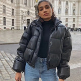 Warm Thick PU Leather Coats Women Short Parkas Fashion Black Cotton Padded Lady Down Jacket Elegant Zipper Clothes