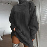 Turtleneck Long Sleeve Sweater Dress Women Autumn Winter Loose Tunic Knitted Casual Pink Gray Clothes Solid