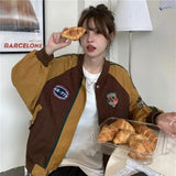 retro handsome green stitching women jacket Y2K oversized long-sleeved bomber jacket loose jacket for women winter